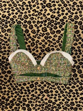Green Tweed Crop Top with Gold Button Detail